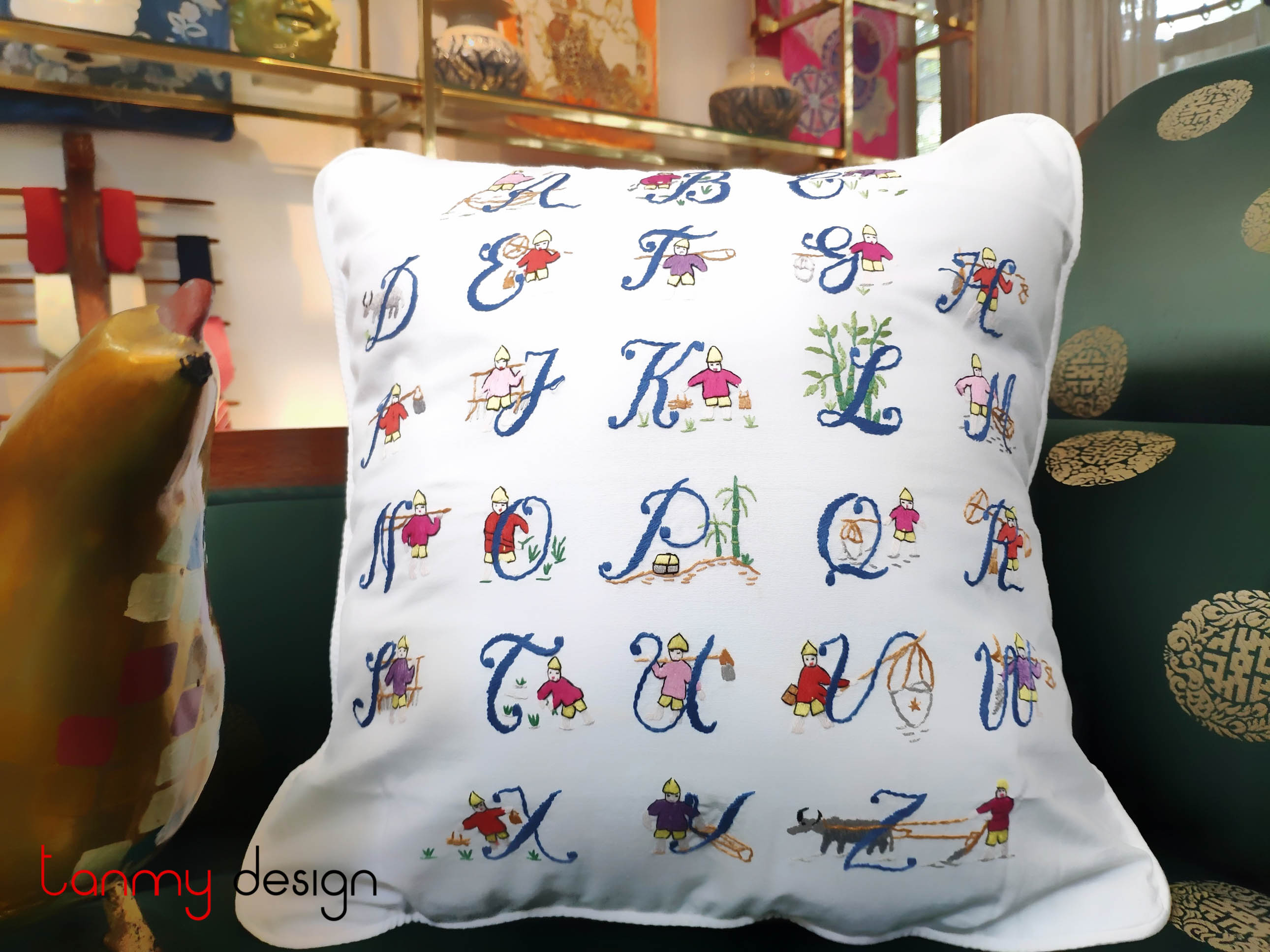 Cushion cover hand embroidered with ABC letters
